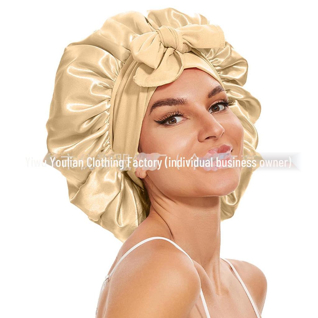 Elastische Schlaf- und Duschhaube aus Satin mit breiter Krempe für Damen – einfarbig, Größe L