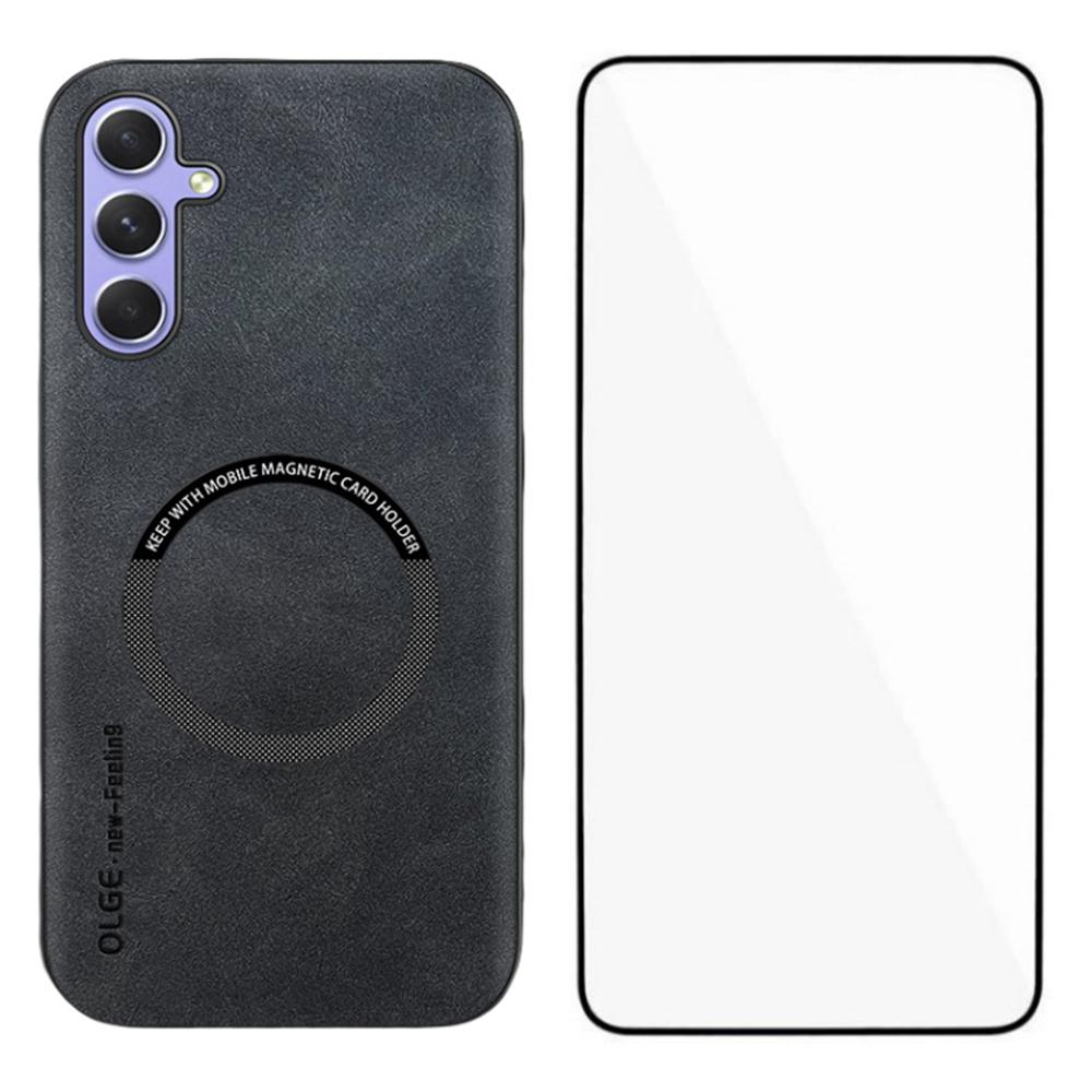WANLONFENG YBP Series For Samsung Galaxy A24 4G (162.1mm) Magnetic Case with Tempered Glass Film PU+TPU Phone Cover Large Cutout