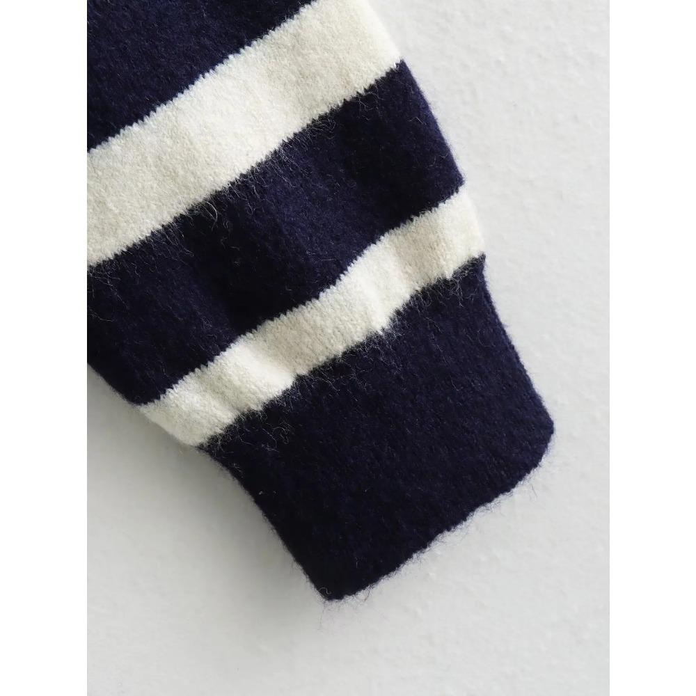 Autumn Winter Fashion Striped Zippered Lapel Long Sleeve Loose Casual Knitted Sweater for Women