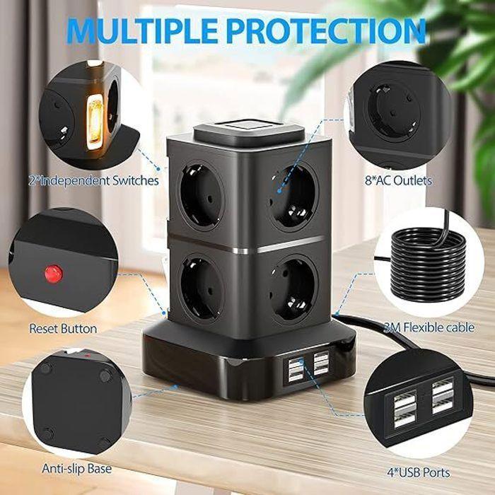 12 In 1 Power Strip 8 Outlets and 4 USB-C (Max 5V/3.1A) Power Strip with Switch 2500W with Overload Protection