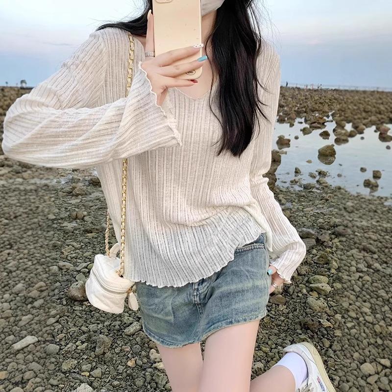 Jane Manni Summer Sunscreen Blouse Women's Loose Sweet Fungus Edge Thin Long-sleeved Lazy T-shirt Hollow Top
