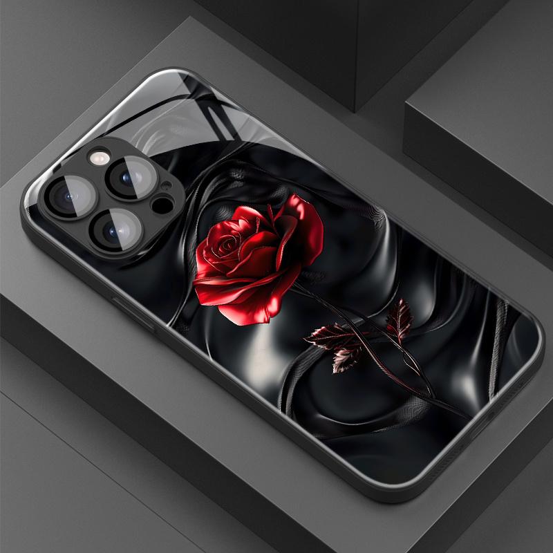 Red rose patterned glass phone case suitable for iPhone 17 16 15 14 13 12 11 Pro/Max/Plus anti drop and shockproof back cover