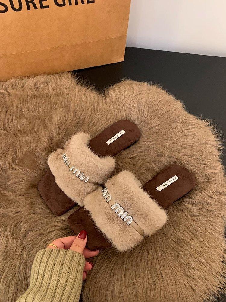 Flat shoes early autumn wear gentle pink fluffy shoes women's shoes 2025 new cotton towing rhinestone one-word towing fluffy towing