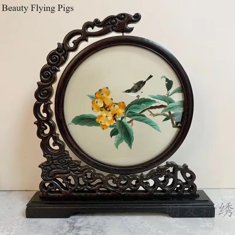 1pc, Su Embroidery Ornaments, Chinese Embroidery Crafts, Double Sided Embroidered Ornament, Solid Wood Desktop Decoration