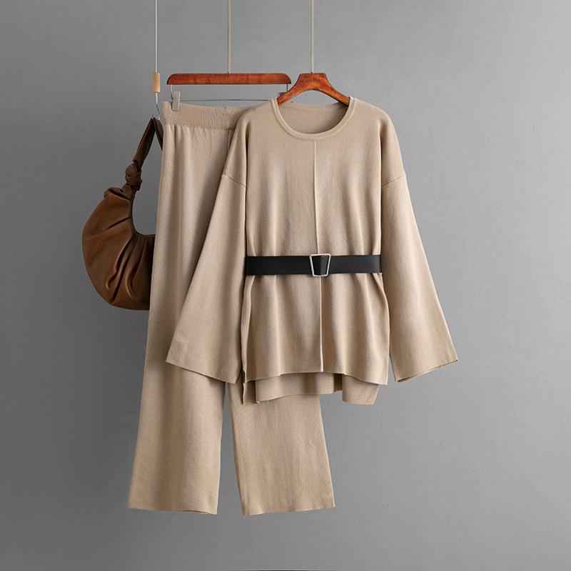 

Модный комплект Женский осенне-зимний вязаный топ с поясом Свободный с высокой посадкой и широкими штанинами Костюм-двойка OneSize хаки