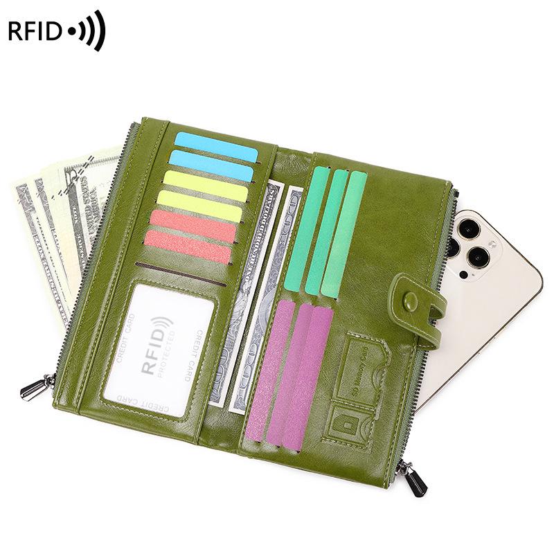 Женский RFID ретро длинный кошелек: Кошелек для монет большого объема с несколькими слотами для карт и застежкой на кнопку зелёный