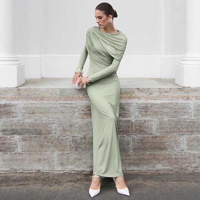 European and American Autumn and Winter Fashion Temperament Elegant Long-sleeved Solid Color Knitted Slim-fitting Long Dress Commuting Collar Dress