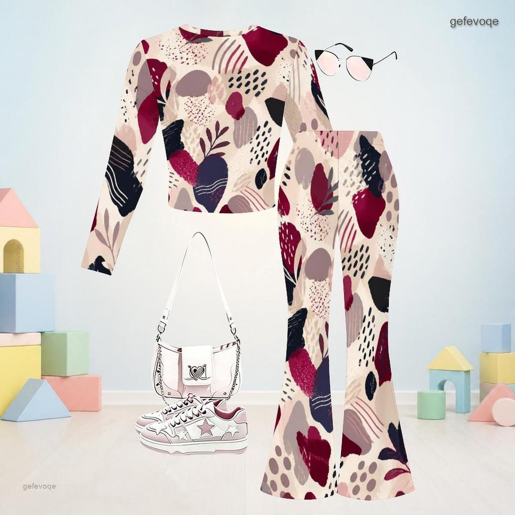 Girls Round Neck Long Sleeve Printed Top Flared Pants Two Piece Set