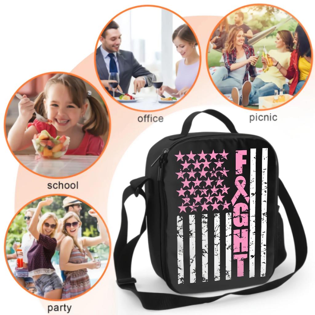 Breast Cancer Awareness Flag Lunch Bag with Adjustable Shoulder Strap Insulated Lunch Box Cooler Thermal Tote Bag for Women