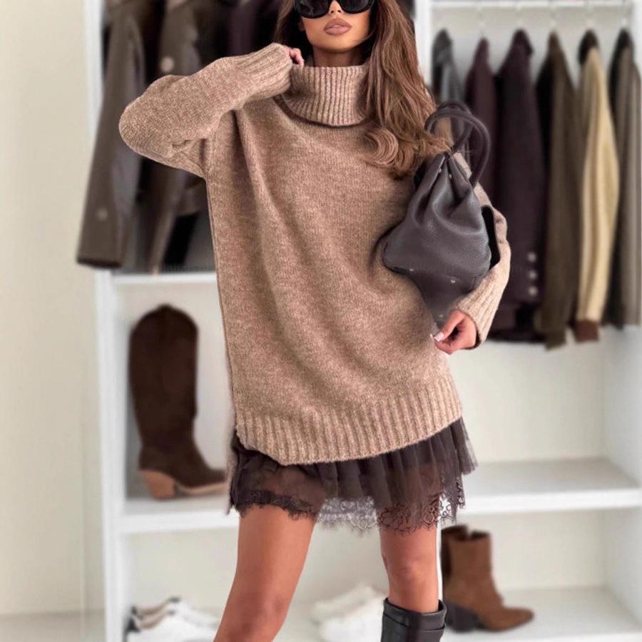 2025 Trendy European & American Lace Trim Knit Top & Dress Women's Two-Piece Set