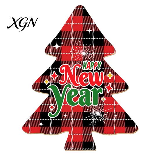 Festive Home Decor Accents Colorful Christmas Tree Tabletop Decor, Wooden Plaid Patterned Xmas Signs with Small Party Favors Merry Greetings,