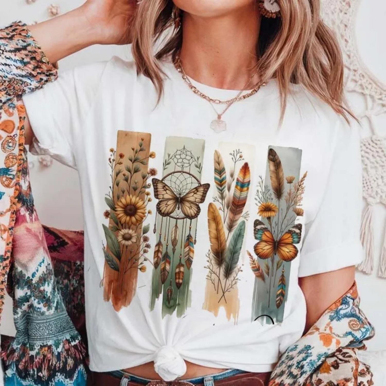 Dreamcatcher Butterfly Women s T-Shirt Short Sleeved Basic Top Cute Style Summer Fashion Women s Apparel Printed Casual Tee S