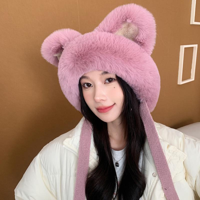 

Шапка для женщин зимой милый плюшевый плюшевый мишка толстая вязаная шапка для тепла one size розовый