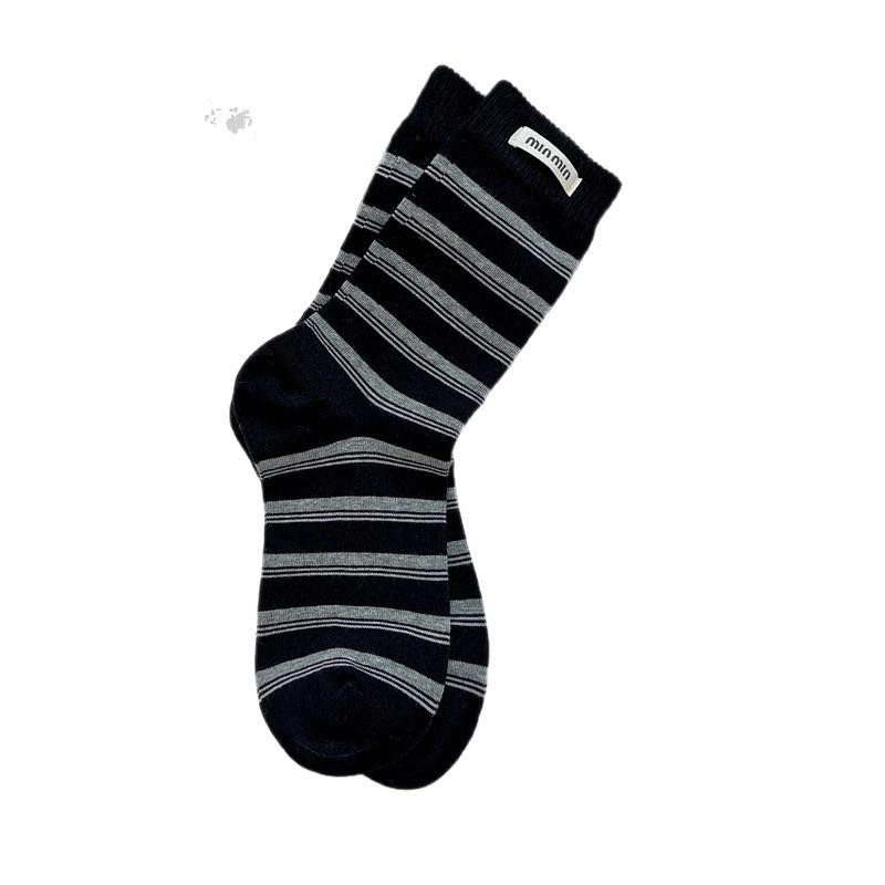 Gestreifte Stoffetikett Socken, Damen Mittelschaftsocken, Trendige Reine Baumwolle Frühling und Herbst Color-Blocked Socken, Winter Frottee Lange Socken