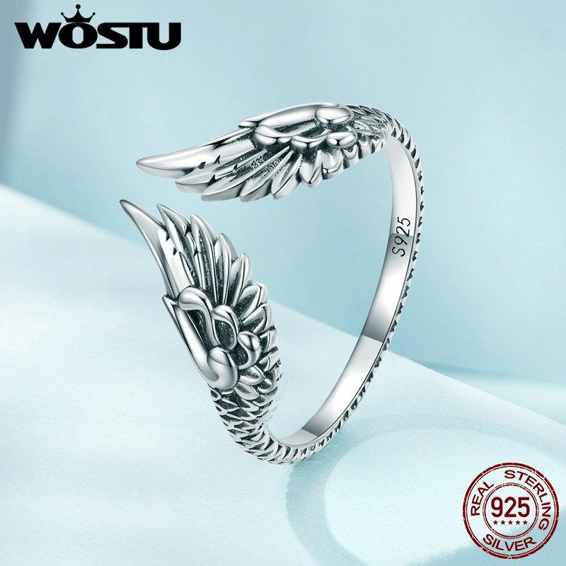 WOSTU Real 925 Sterling Silver Hip Hop Vintage Couples Creative Wings Open Rings For Women Punk Ring Party Jewelry Birthday Gift