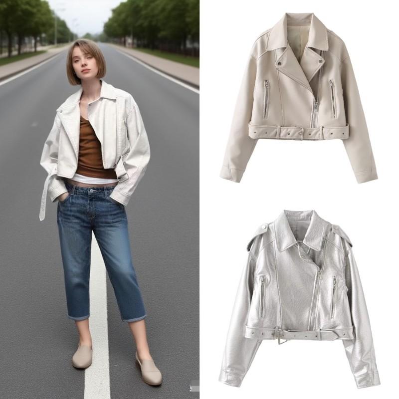 Womens PU Faux Leather Moto Jacket Short Fit Streetwear Oversized Biker Style With Zipper Patchwork Detail