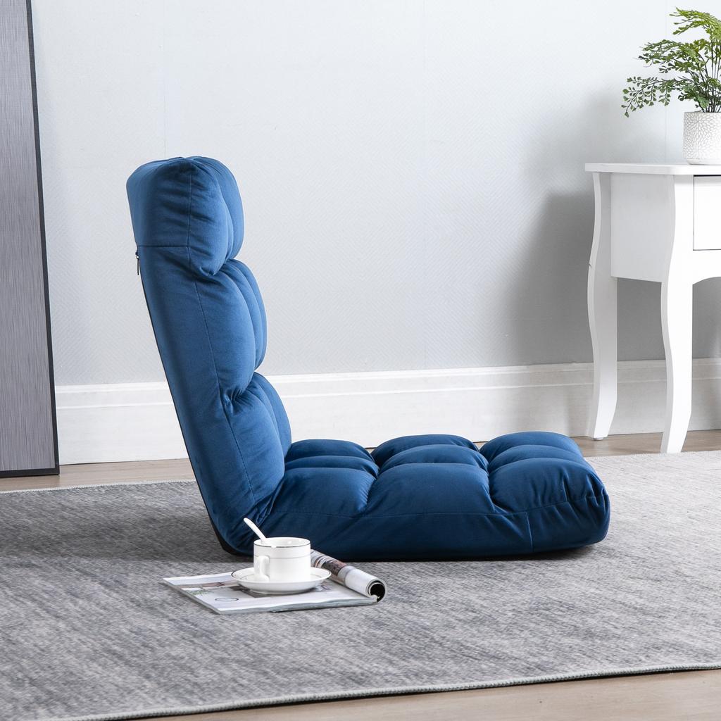 Armchair Guest Mattress Floor Chair, Adjustable Backrest, Velour Look, 55 cm x 71 cm x 53.5 cm, Blue