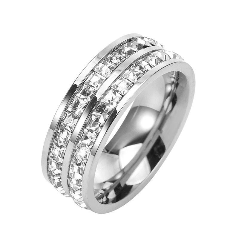 Double Row Cubic Zirconia Ring for Women Men, Stainless Steel CZ Band, Fashion Wedding Engagement Jewelry Gift