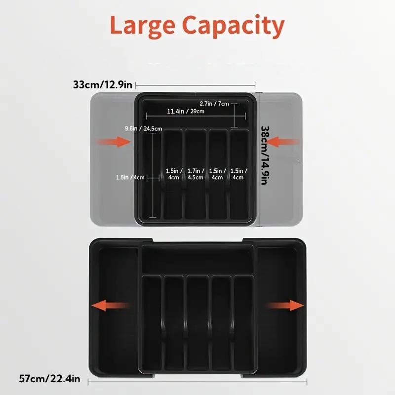1pc Silver Drawer Storage Box, Expandable Kitchen Utensil Tray, Adjustable Plastic Storage Rack for Spoons, Forks, and Knives