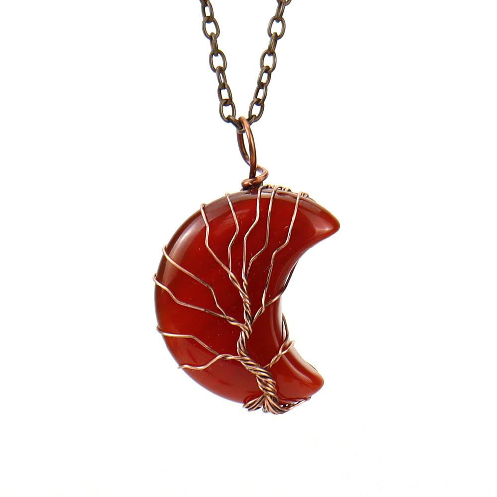Moon Shape Design Natural Crystal Pendant Necklace With Tree Of Life Design For Women