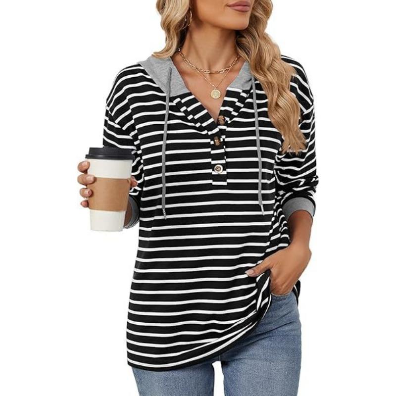YYFS Women's Fashion Casual Stripe Print Long Sleeve Hooded Hoodies & Sweatshirts
