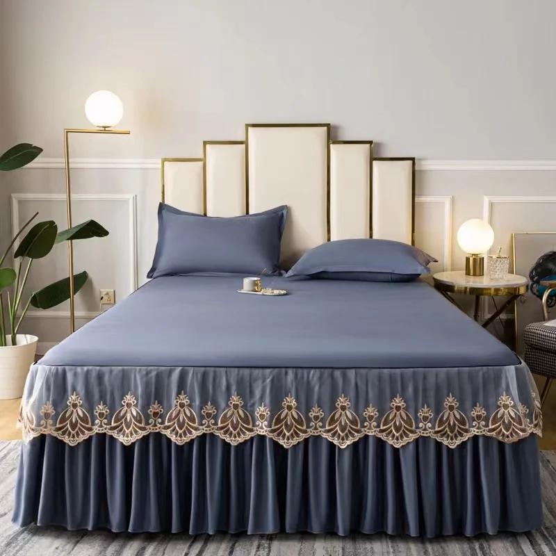 3pcs Set Raw Cotton Bed Romance Dust Protector Cover Soft Bedspread Embroidery Lace Edge Bed Skirt with 2pcs Pillowcase
