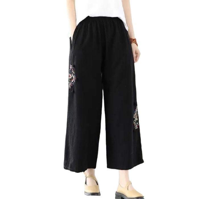 Spring/Summer Plus Size Loose Cotton Linen Embroidered Retro Wide-Leg Pants