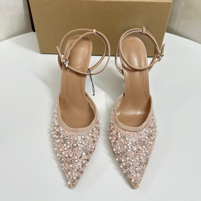 Luxury Pearls Sequined Mesh Women Pumps Sexy Ankle Strap Pointed Toe Wedding Evening Party High Heels Shoes for Ladies