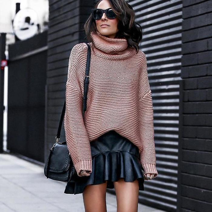 Buy Women Turtleneck Sweater Chunky Knitted Long Sleeve Baggy Tops