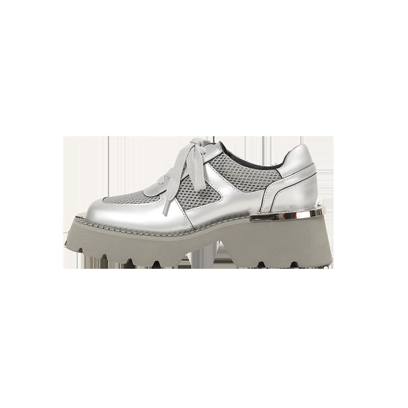 Silver lace-up small leather shoes women's thick heels and thick soles increase height Wasteland style personality derby shoes metal decoration supe