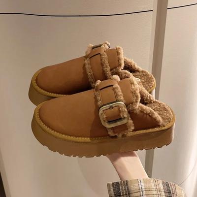 Fashion 2024 Autumn Winter New Comfortable Metal Buckle Color Blocked Thick Bottom with Fleece Warm Hair Half Headed Slippers for Women