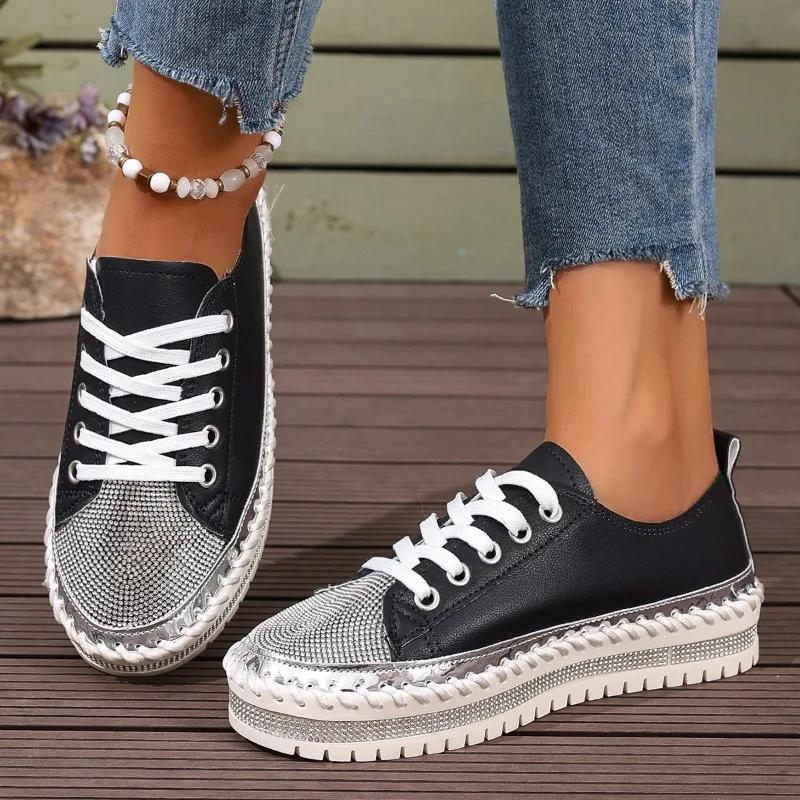2026 Plus Size Shoes Female Lace Up Women's Vulcanize Shoes Platform Women Sneakers Crystal Round Toe Flat Ladies Casual Shoes