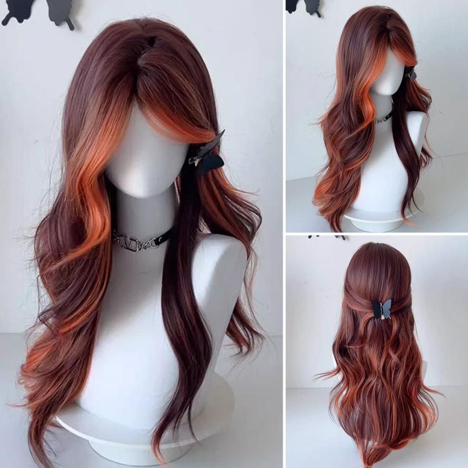 

Длинный синтетический парик с красными лисьими прядями, женский, Лолита, повседневный, красно-коричневый, с грязно-оранжевой челкой, парик для вечеринок с большой волной 60CM