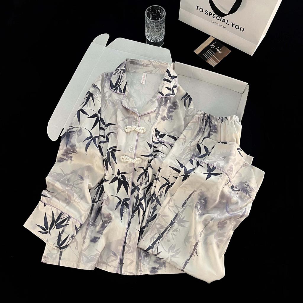 New Chinese Style Ice Silk Pajamas for Women: Cardigan Lapel with Retro Frog Button, Floral Design Home Wear.