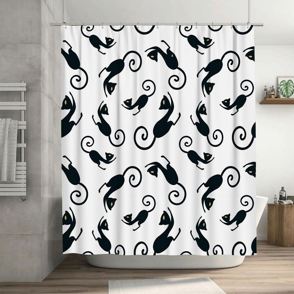 Black Cat Print Shower Curtain with White Background Bathroom Decor