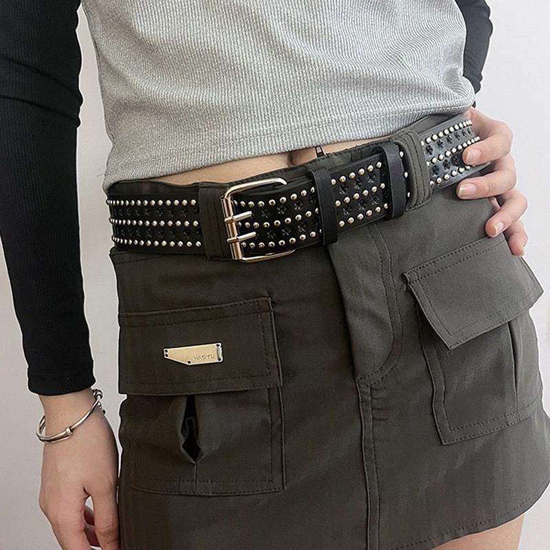 Rivet Hollow Bullet Decoration Belt  Leather Studded Goth Rock Wild Adjustable Women Punk Black Belt