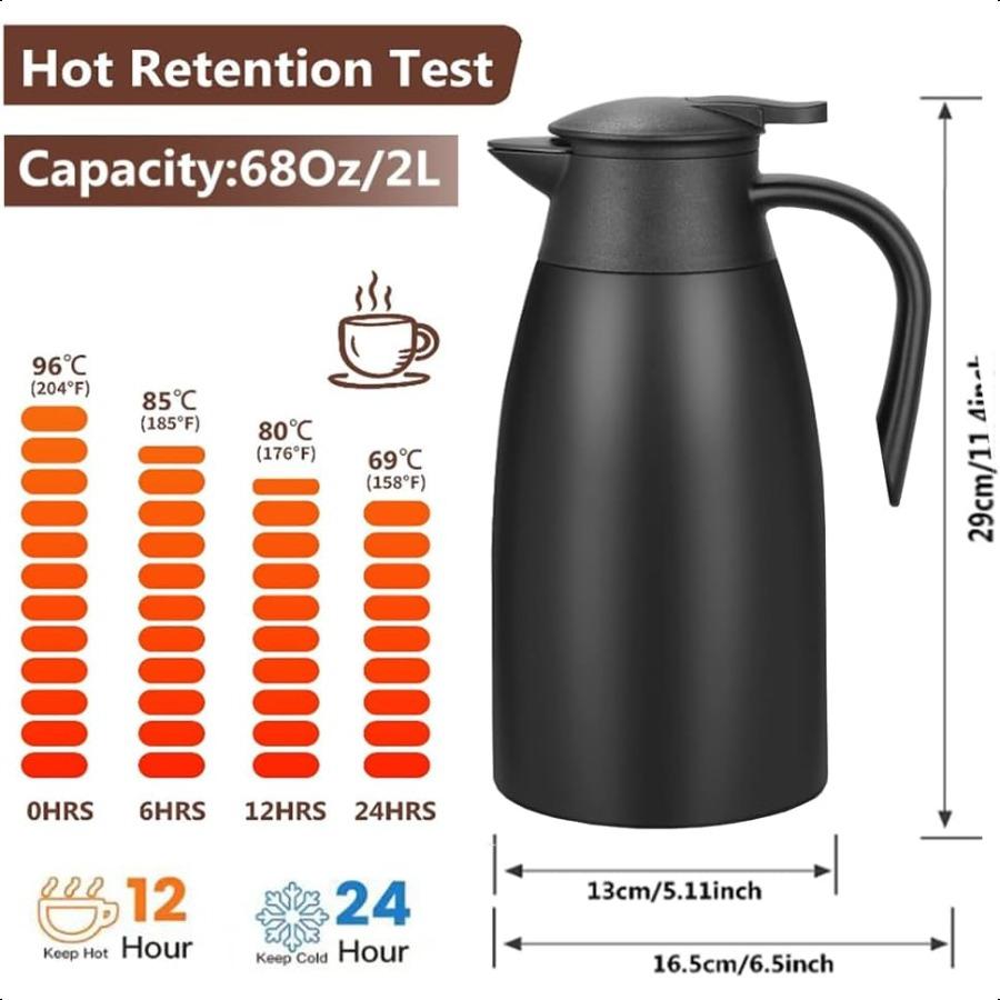 Thermal Coffee Carafe 70 oz 2L Insulated Stainless Steel Coffee Carafes Double Walled Vacuum Pot Flask Hot Beverage Dispenser W