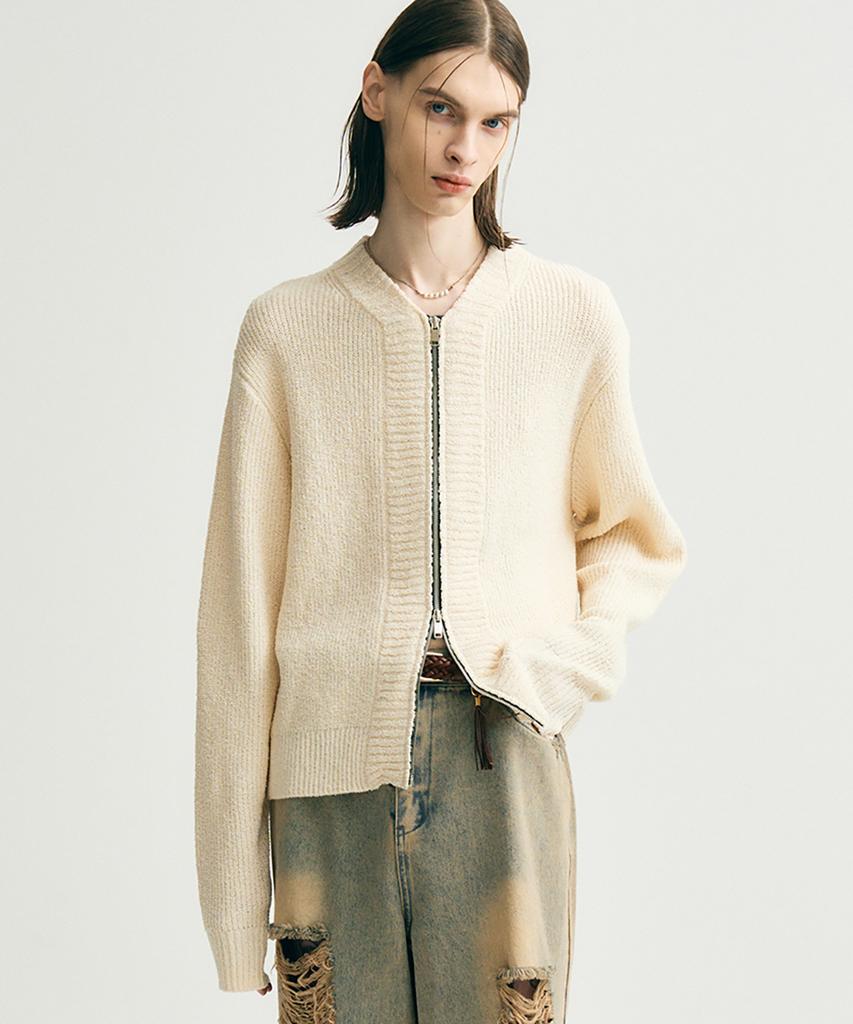 NOIRER Boucle Zip-Up Cardigan (Ivory)
