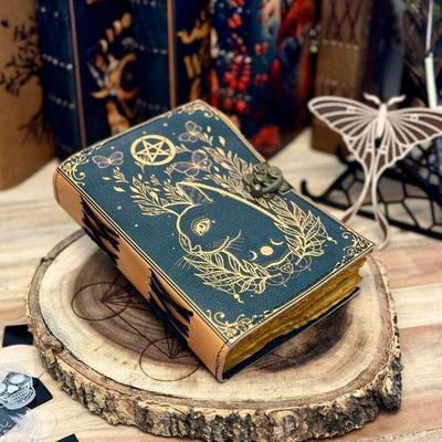 Grimoire Journal Leather Print Caltic Cat Journal Blank Spell Book of Shadows