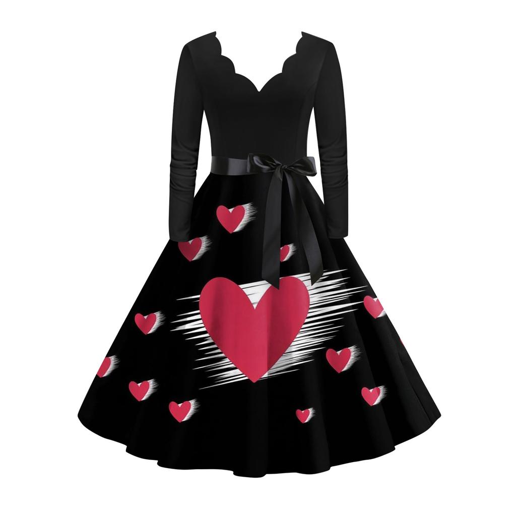 Damska stylowa i elegancka sukienka z długim rękawem, dekoltem w serek w kształcie serca na Walentynki