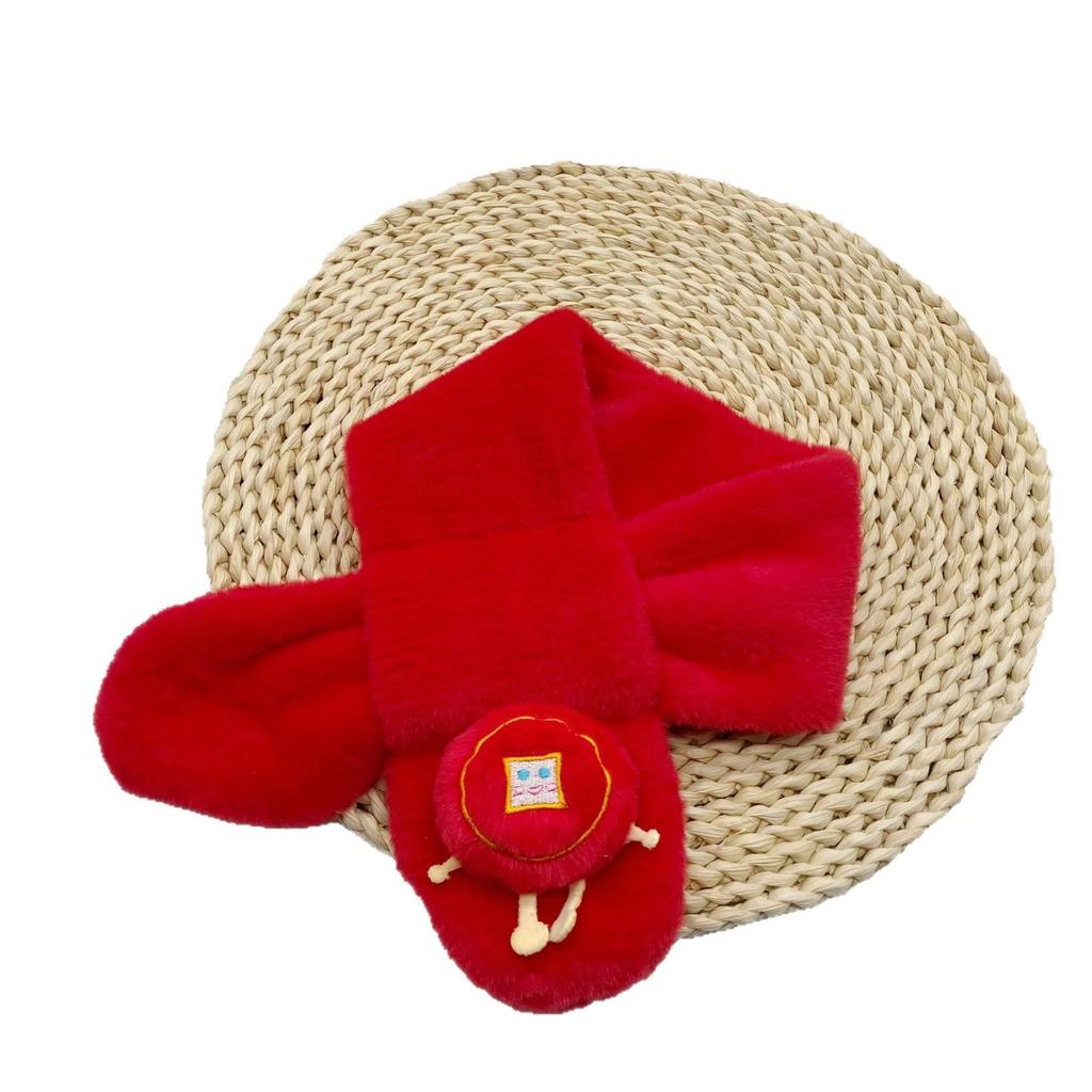 Red Cartoon Unisex Plush Scarf for Kids - Warm and Cozy for Autumn/Winter, Perfect for First Birthdays, Students, Christmas & New Year’s Celebrations