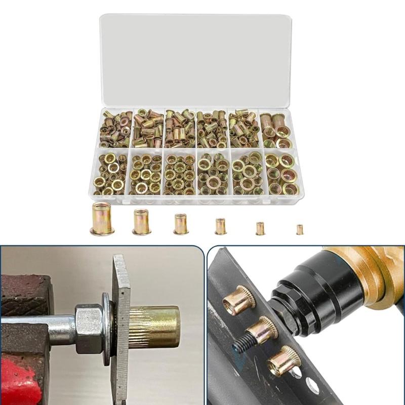 240pcs Flat Head Serrated Rivets Nut Set Galvanized Carbon Steel Nut set Carbon Steel Flat Head Rivets Nut for Fastening