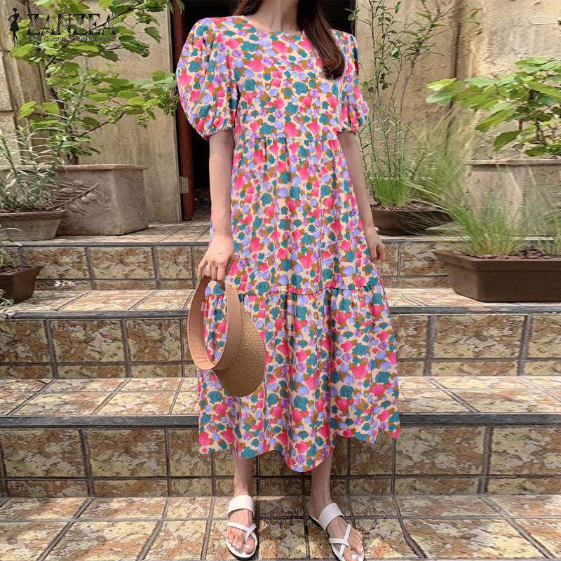 

ZANZEA женское летнее пышное платье с круглым вырезом и короткими рукавами, плиссированное однотонное свободное длинное платье с принтом