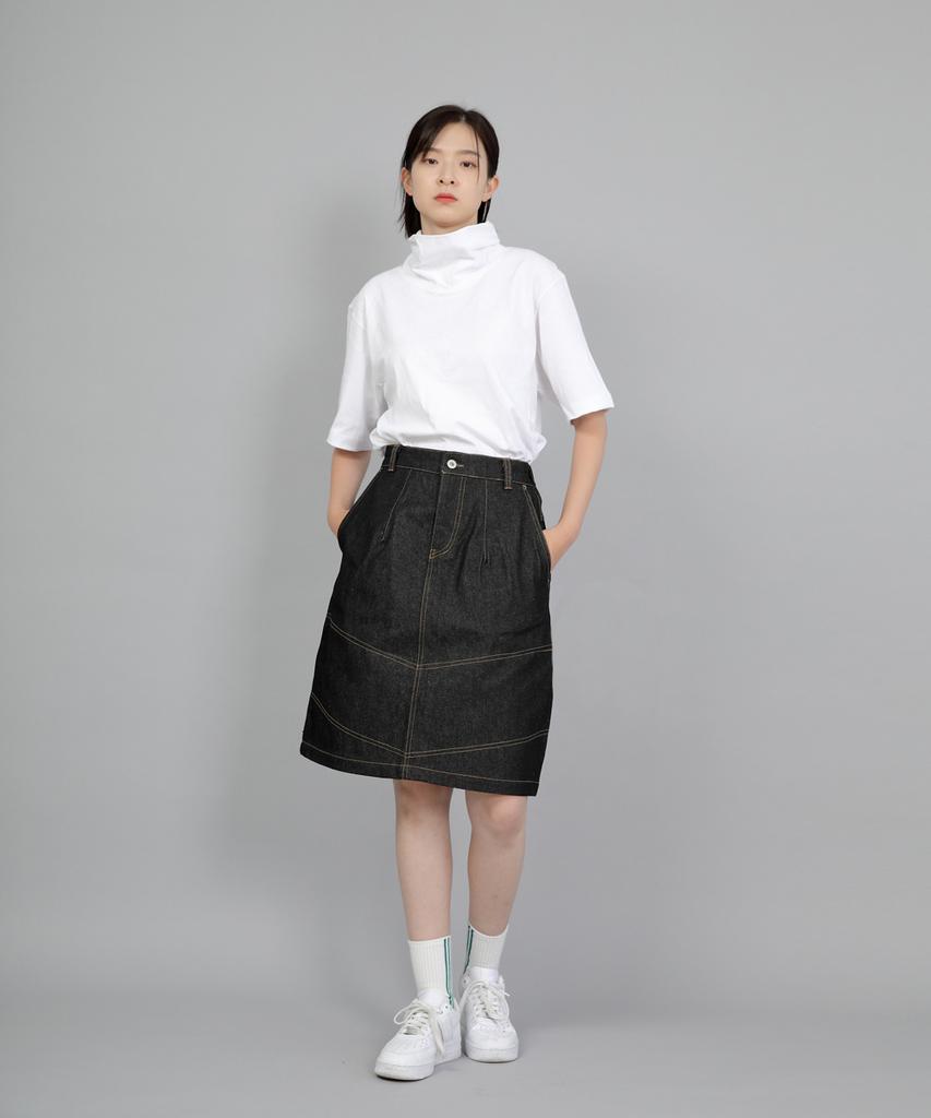 Seinteukeulu Wide Dome Half-Band Midi Skirt Wdm-1305 Black Denim Brs