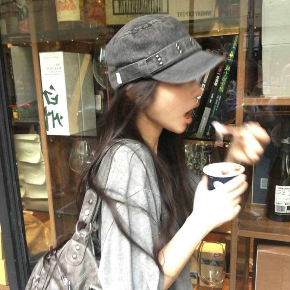 Washed Denim Peaked Cap Y2k Cadet Cap Fashion Flat Top Hat Men Women