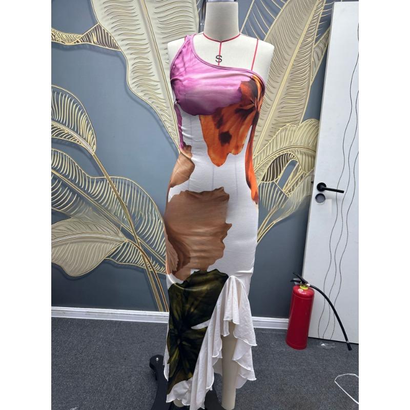 

Платье с открытыми плечами с принтом, неровный подол «лепесток лотоса», женское сексуальное облегающее платье-майка, лето 3XL