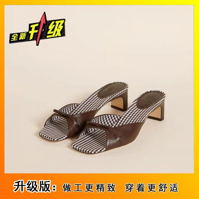 Vintage Versatile Thick Heel Kitten and Muller One-Word Bow French Square Head High Heel Open Toe Cool Slippers Women 2025