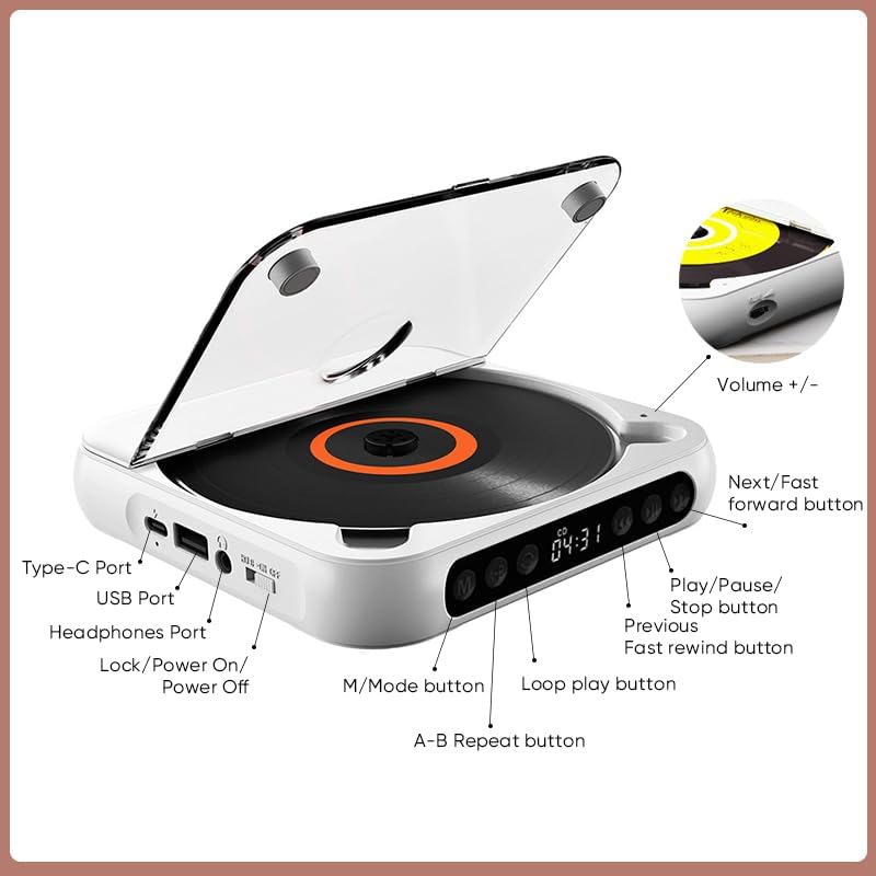Portable CD Player with Bluetooth 5.3 – Hi-Fi Sound Rechargeable Battery, Supports CD/CD-R/CD-RW/MP3 Compact & Lightweight
