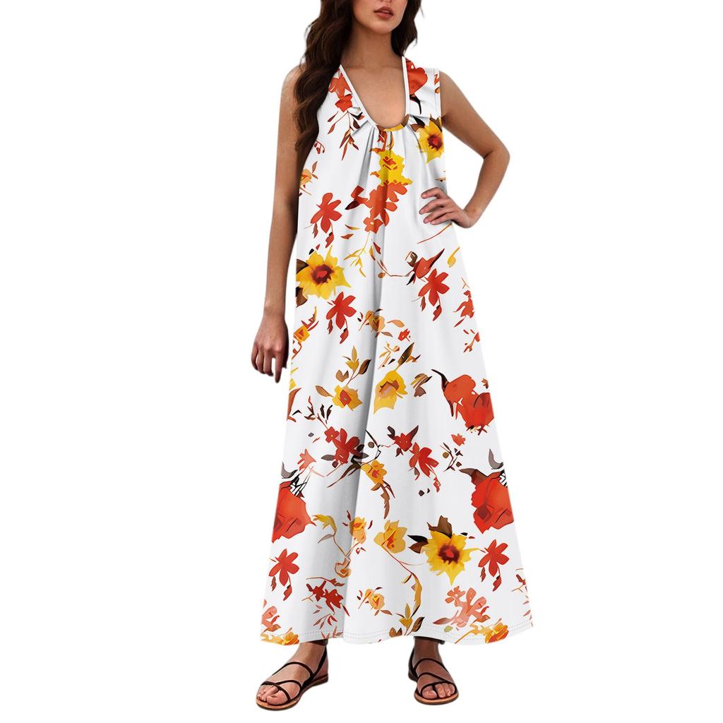 Women's Fashion Casual A-line Floral Printed Hammer Feel Loose Long Skirt With Pockets