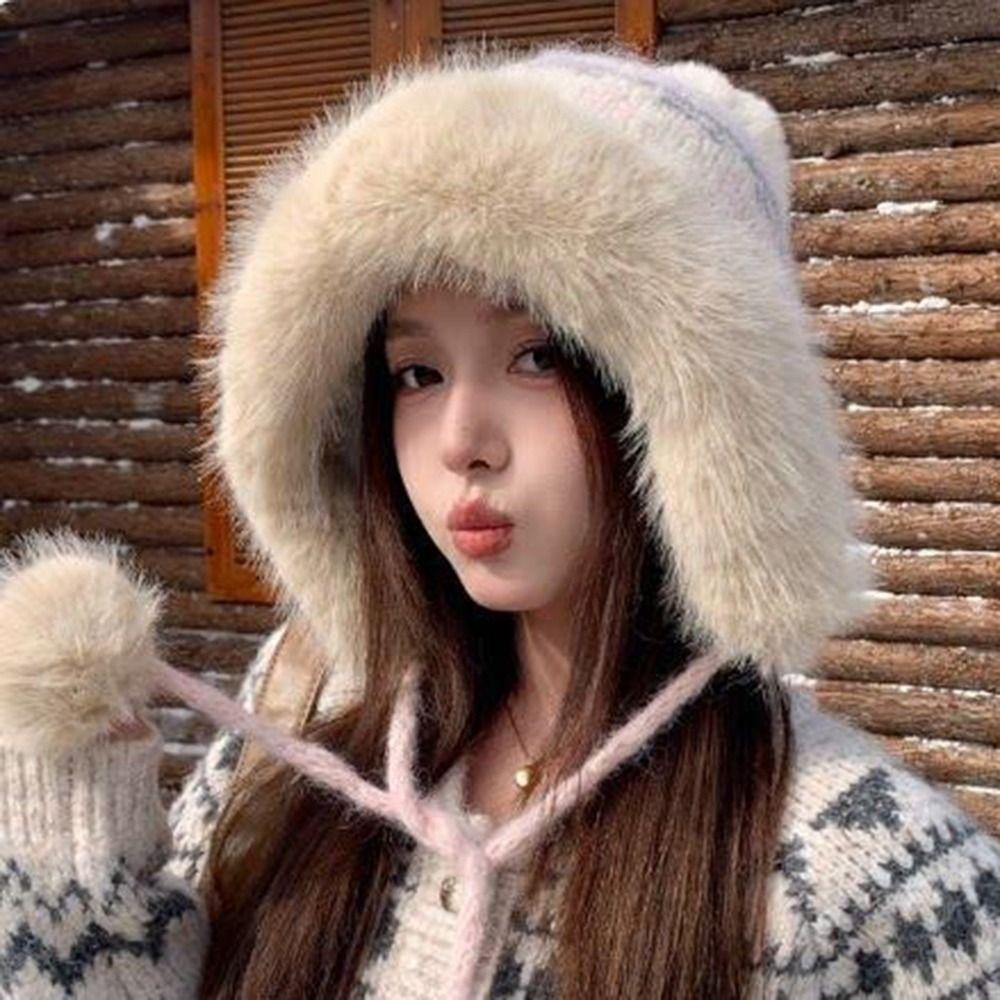 56cm to 58cm Head Circumference Fluffy Knitted Hat Ear Protection Hat Cold Weather